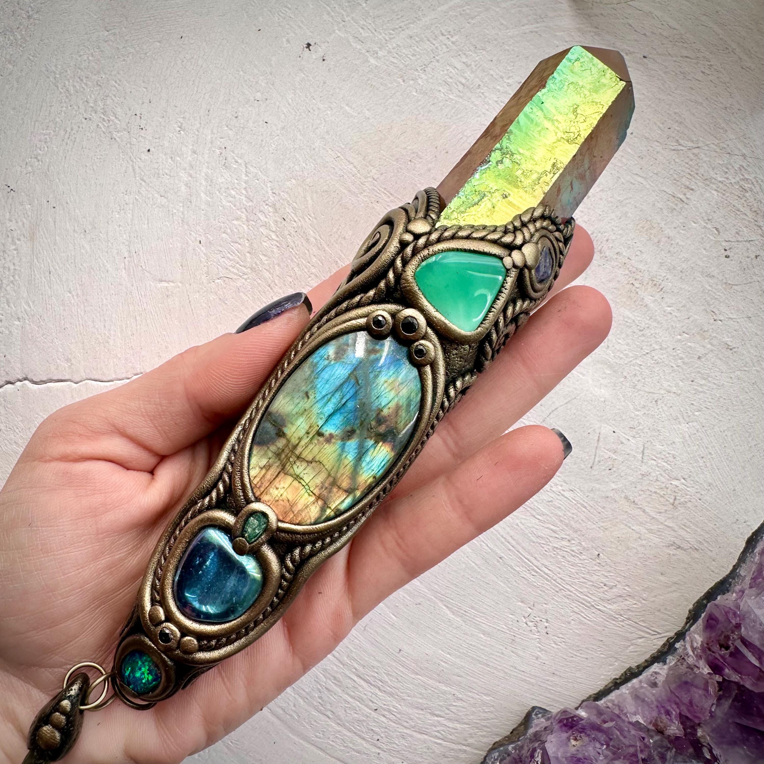 Sunset Aura Quartz Wand , Labradorite Chrysoprase Tanzanite Emerald Black Australian Opal Triplet Aqua Aura Quartz and Moldavite Wand - FairyGardenGlow