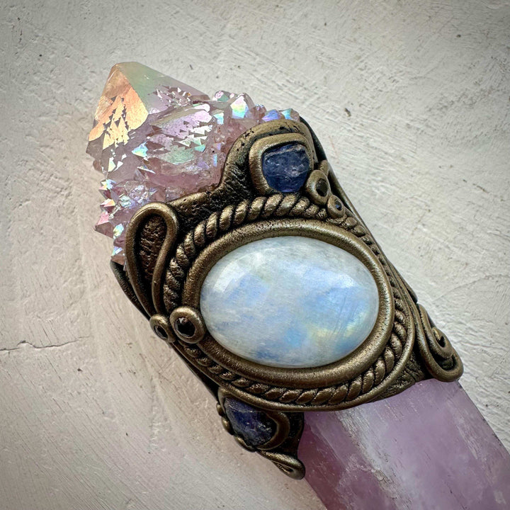 Kunzite Crystal Wand, Angel Aura Spirit Quartz Moonstone Tanzanite Amethyst Australian Opal and Blue Sapphire Wand - FairyGardenGlow
