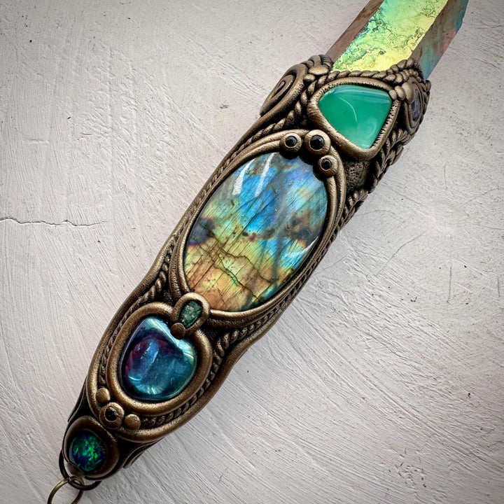 Sunset Aura Quartz Wand , Labradorite Chrysoprase Tanzanite Emerald Black Australian Opal Triplet Aqua Aura Quartz and Moldavite Wand - FairyGardenGlow
