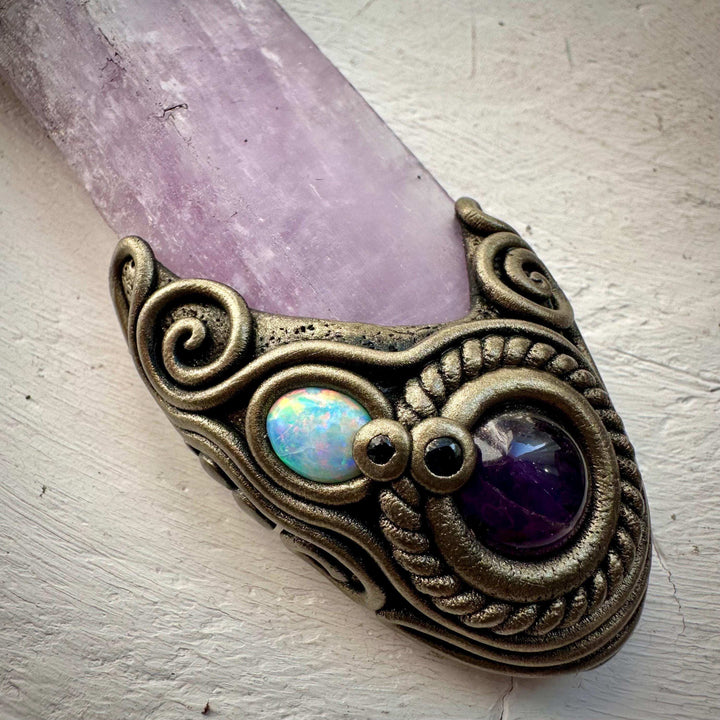 Kunzite Crystal Wand, Angel Aura Spirit Quartz Moonstone Tanzanite Amethyst Australian Opal and Blue Sapphire Wand - FairyGardenGlow