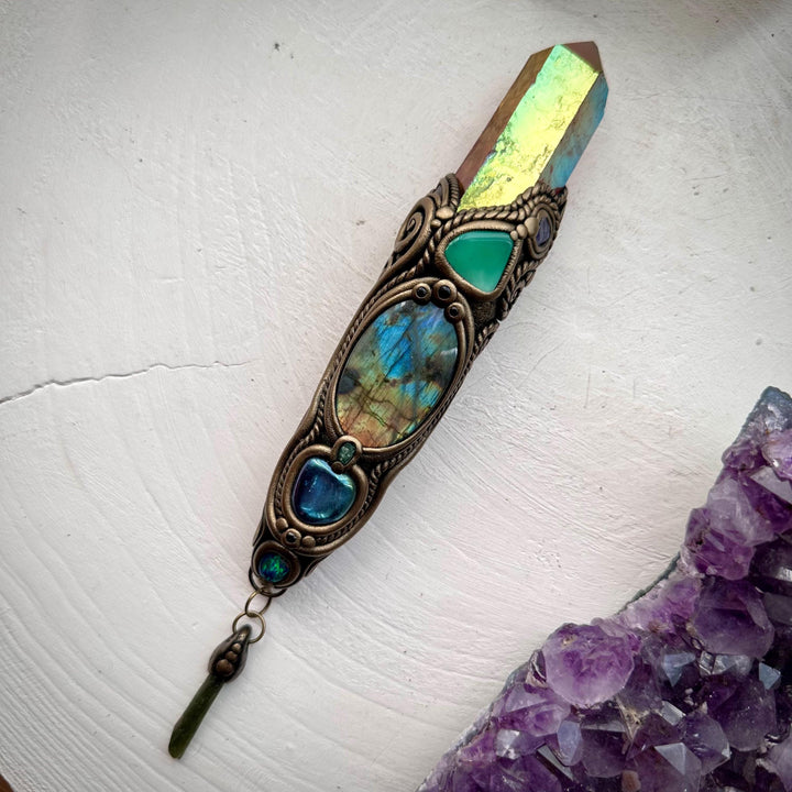 Sunset Aura Quartz Wand , Labradorite Chrysoprase Tanzanite Emerald Black Australian Opal Triplet Aqua Aura Quartz and Moldavite Wand - FairyGardenGlow