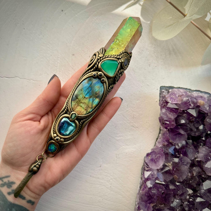 Sunset Aura Quartz Wand , Labradorite Chrysoprase Tanzanite Emerald Black Australian Opal Triplet Aqua Aura Quartz and Moldavite Wand - FairyGardenGlow