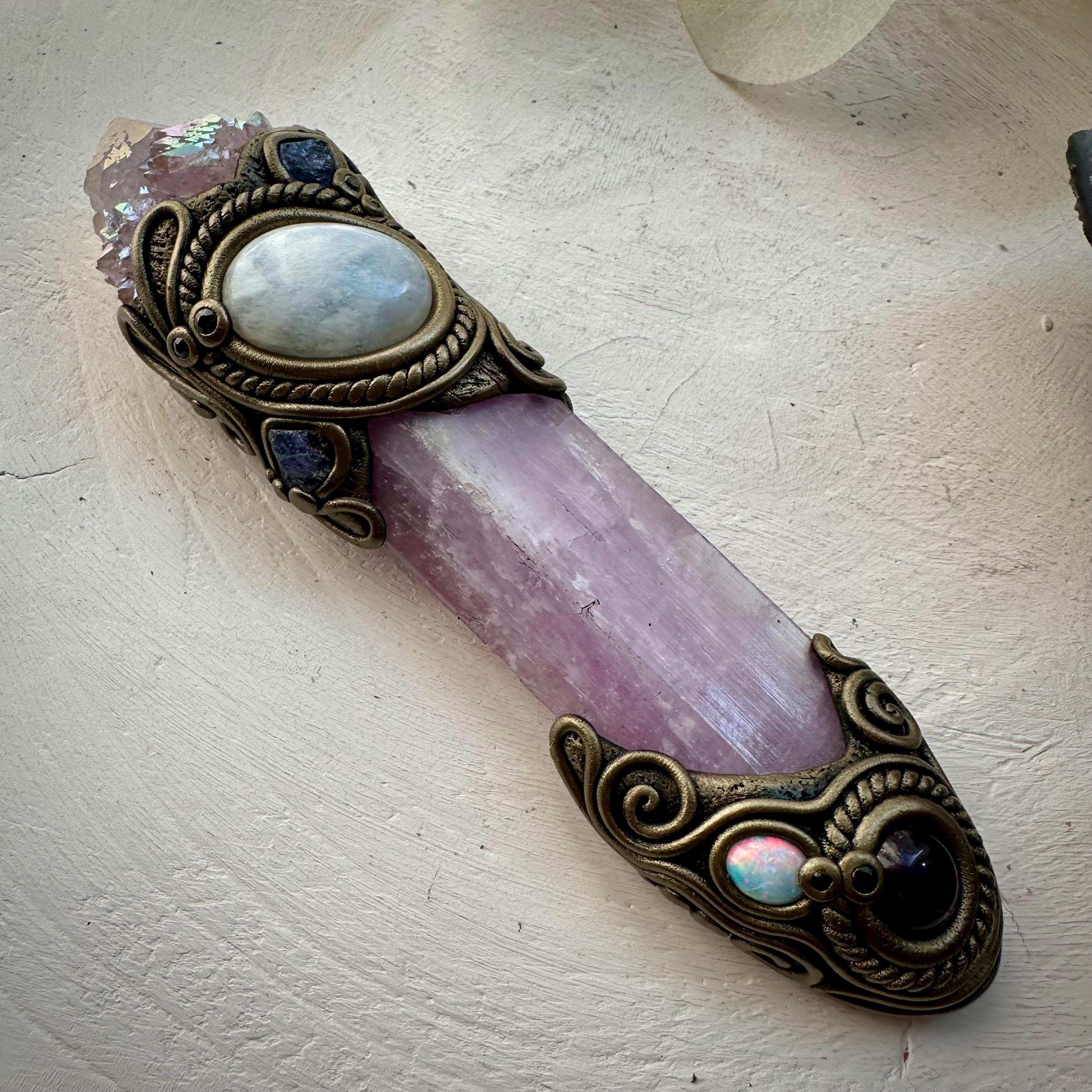 Kunzite Crystal Wand, Angel Aura Spirit Quartz Moonstone Tanzanite Amethyst Australian Opal and Blue Sapphire Wand - FairyGardenGlow