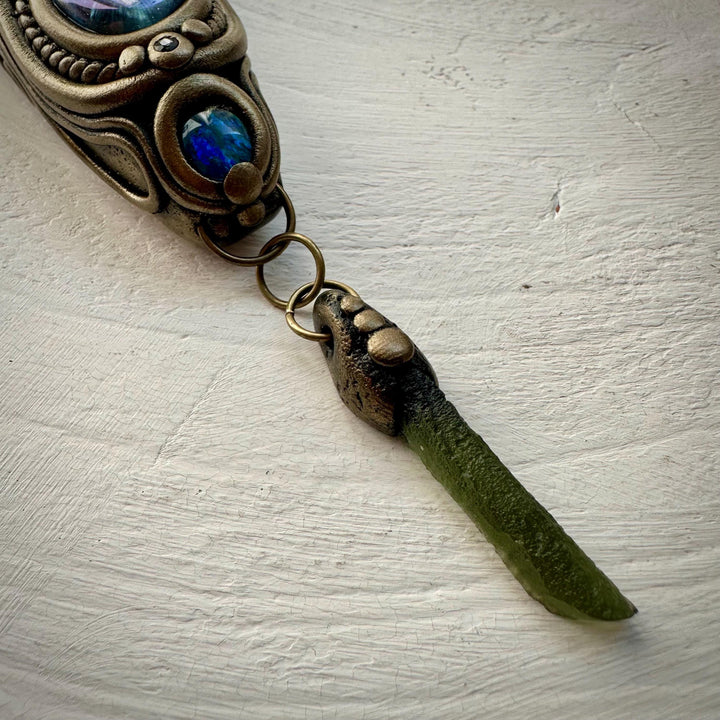 Sunset Aura Quartz Wand , Labradorite Chrysoprase Tanzanite Emerald Black Australian Opal Triplet Aqua Aura Quartz and Moldavite Wand - FairyGardenGlow