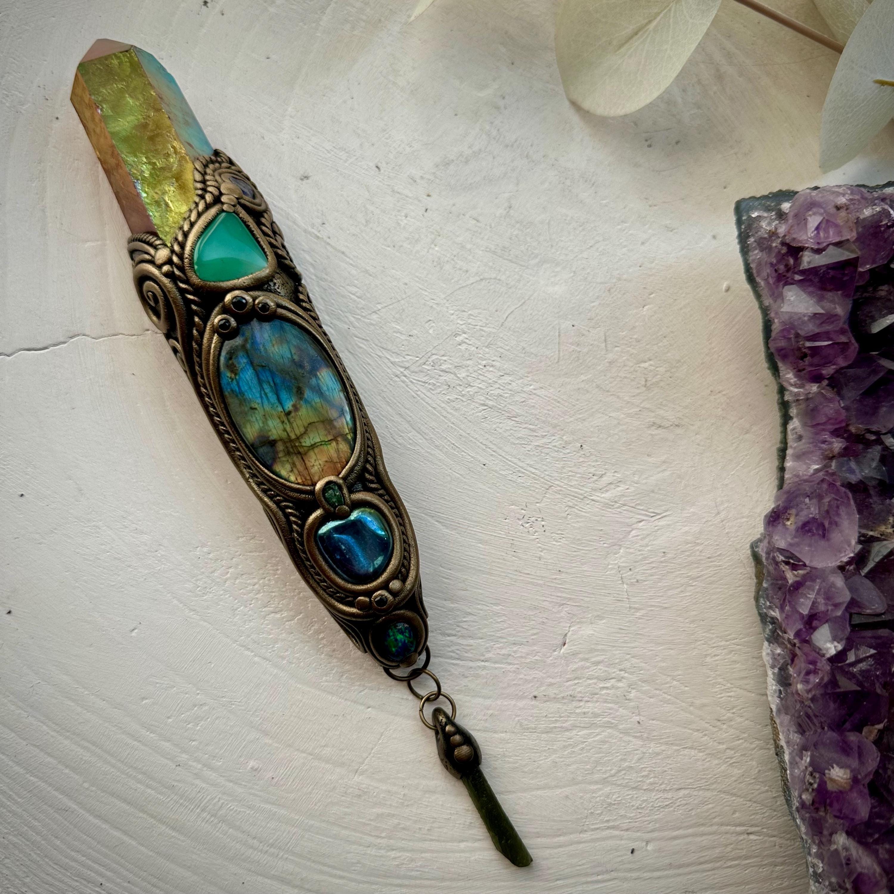 Sunset Aura Quartz Wand , Labradorite Chrysoprase Tanzanite Emerald Black Australian Opal Triplet Aqua Aura Quartz and Moldavite Wand - FairyGardenGlow