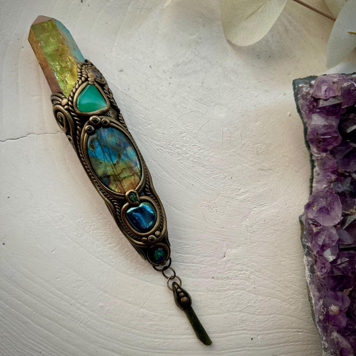 Sunset Aura Quartz Wand , Labradorite Chrysoprase Tanzanite Emerald Black Australian Opal Triplet Aqua Aura Quartz and Moldavite Wand - FairyGardenGlow