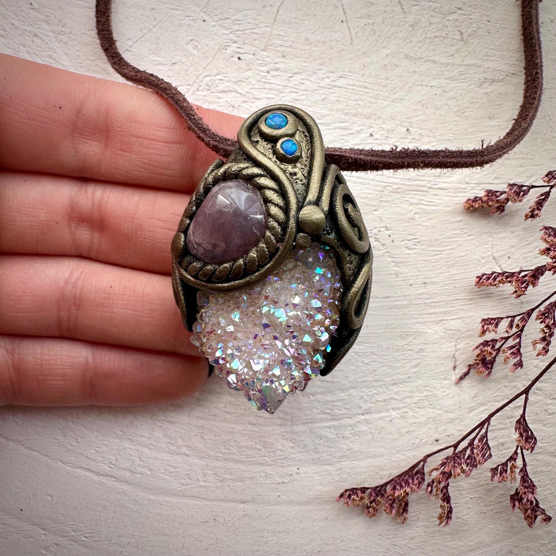 Angel Aura Spirit Quartz Lavender Quartz and Australian Opal Pendant Necklace