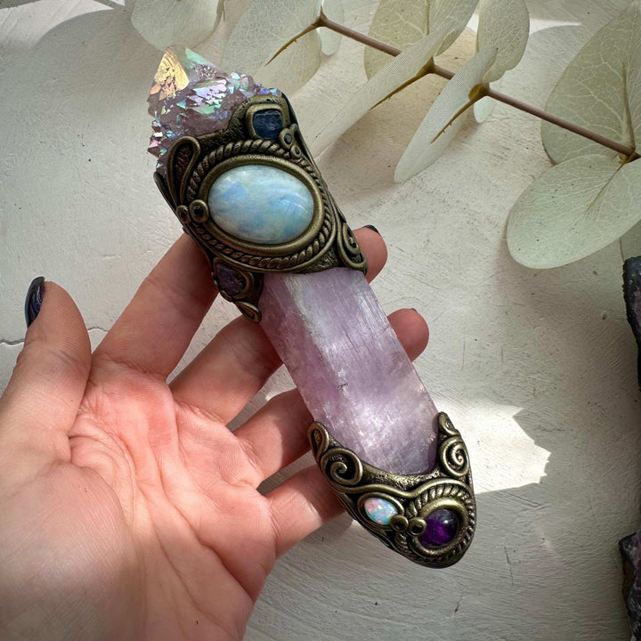 Kunzite Crystal Wand, Angel Aura Spirit Quartz Moonstone Tanzanite Amethyst Australian Opal and Blue Sapphire Wand - FairyGardenGlow