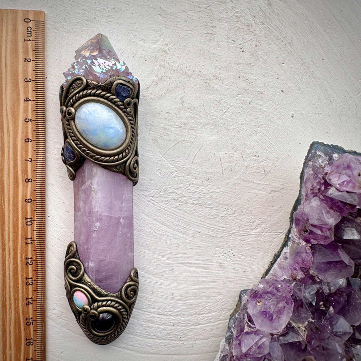 Kunzite Crystal Wand, Angel Aura Spirit Quartz Moonstone Tanzanite Amethyst Australian Opal and Blue Sapphire Wand - FairyGardenGlow