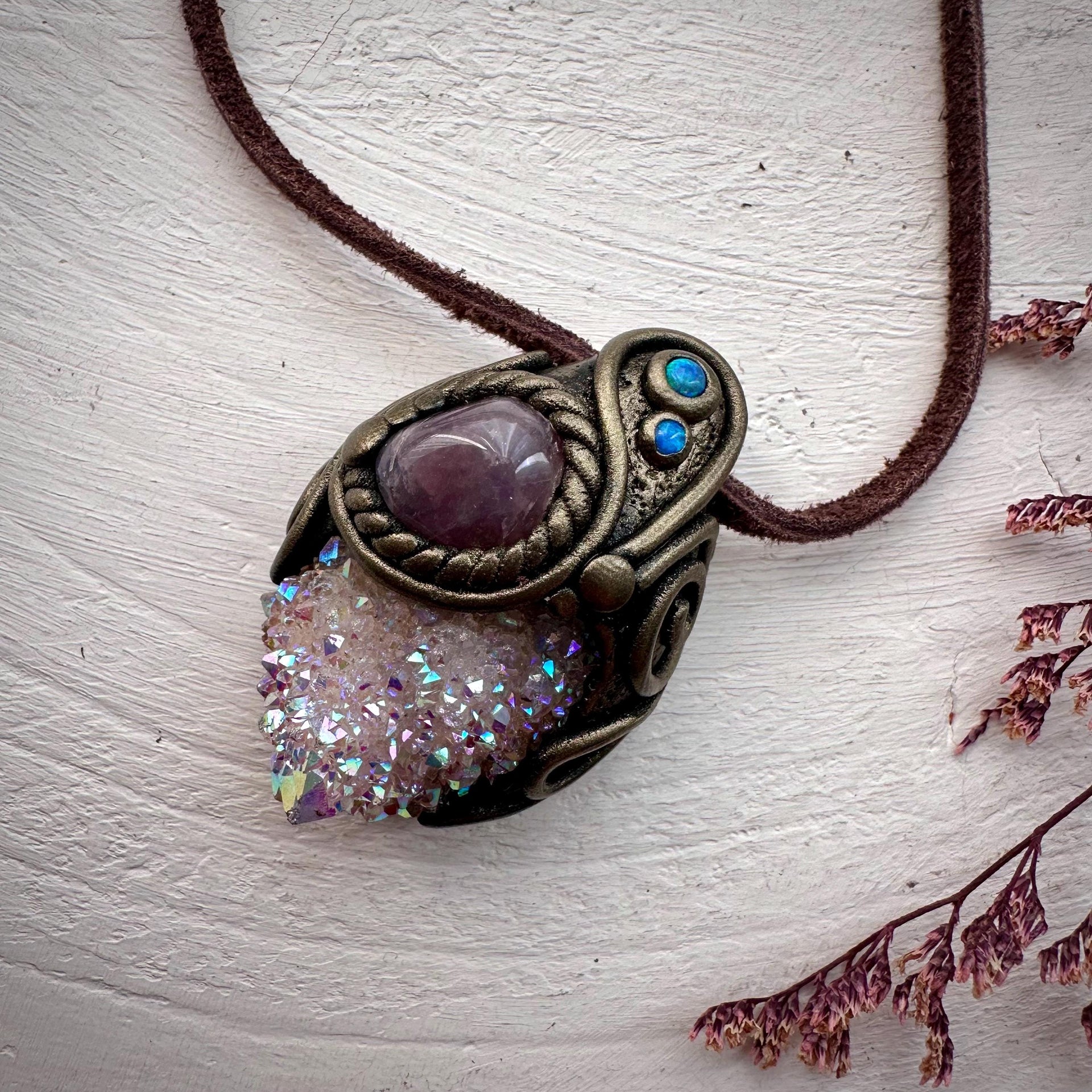 Angel Aura Spirit Quartz Lavender Quartz and Australian Opal Pendant Necklace