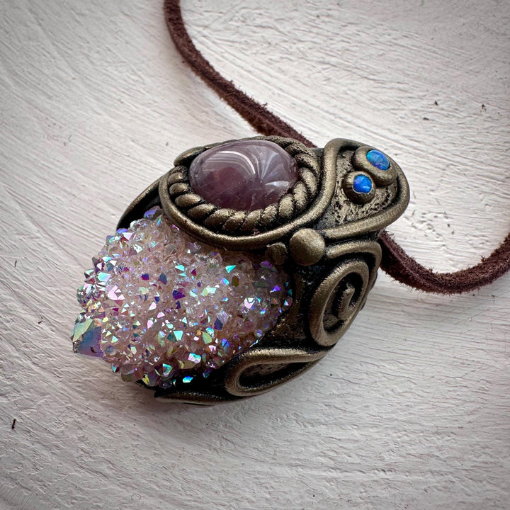 Angel Aura Spirit Quartz Lavender Quartz and Australian Opal Pendant Necklace - FairyGardenGlow