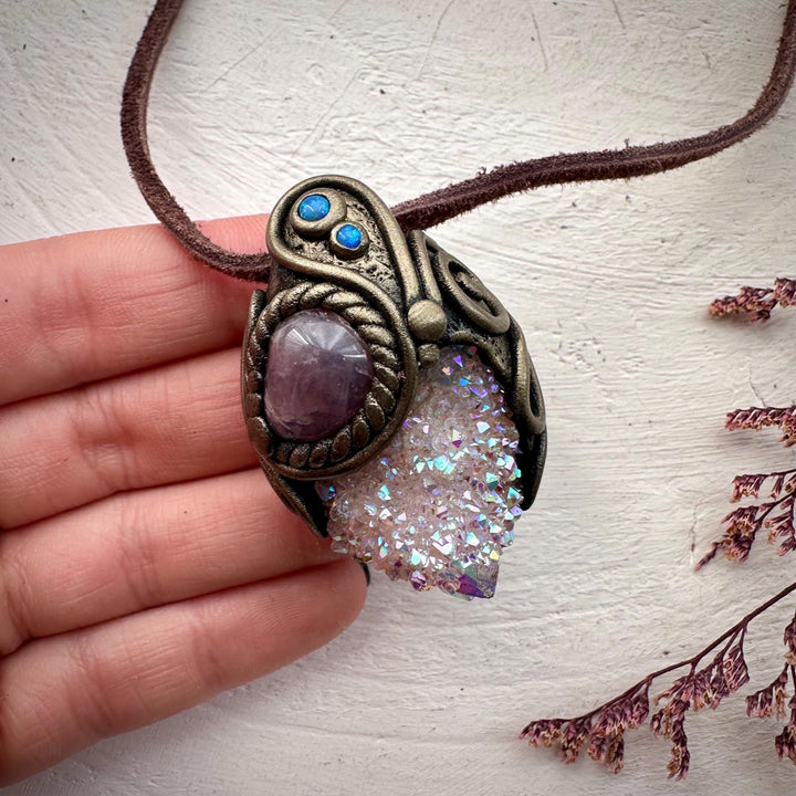 Angel Aura Spirit Quartz Lavender Quartz and Australian Opal Pendant Necklace - FairyGardenGlow