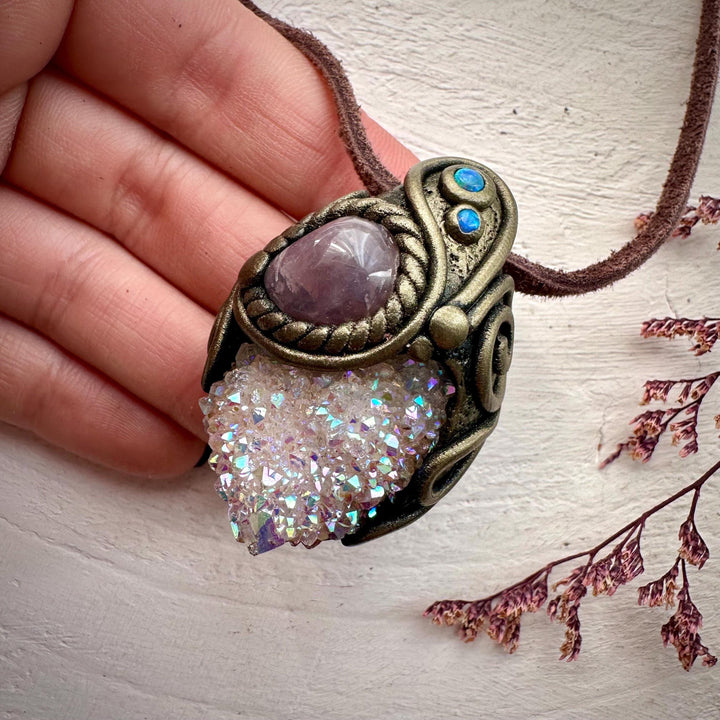 Angel Aura Spirit Quartz Lavender Quartz and Australian Opal Pendant Necklace - FairyGardenGlow