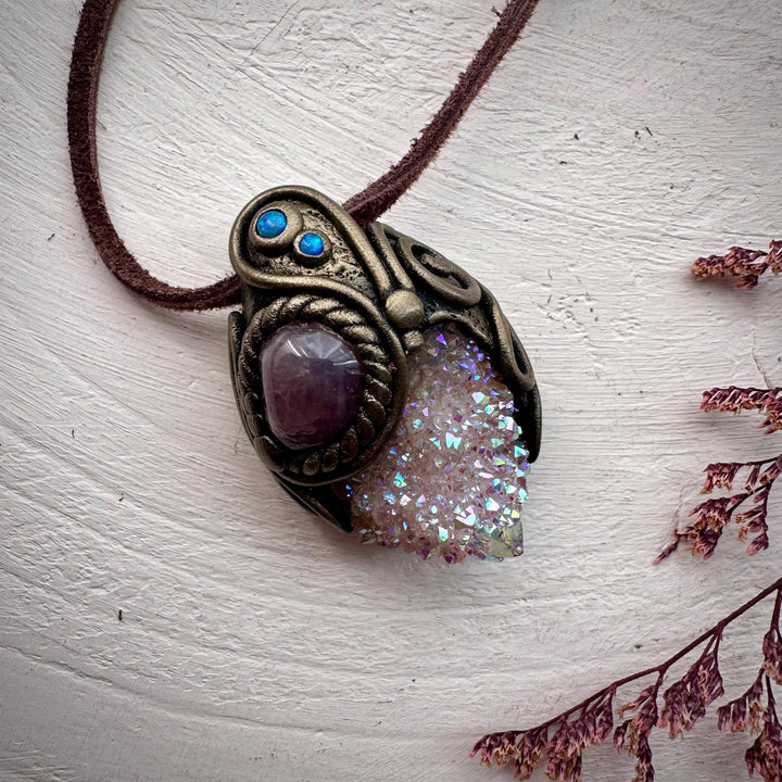 Angel Aura Spirit Quartz Lavender Quartz and Australian Opal Pendant Necklace - FairyGardenGlow