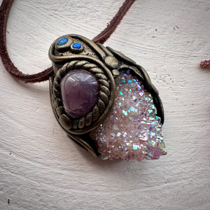 Angel Aura Spirit Quartz Lavender Quartz and Australian Opal Pendant Necklace - FairyGardenGlow