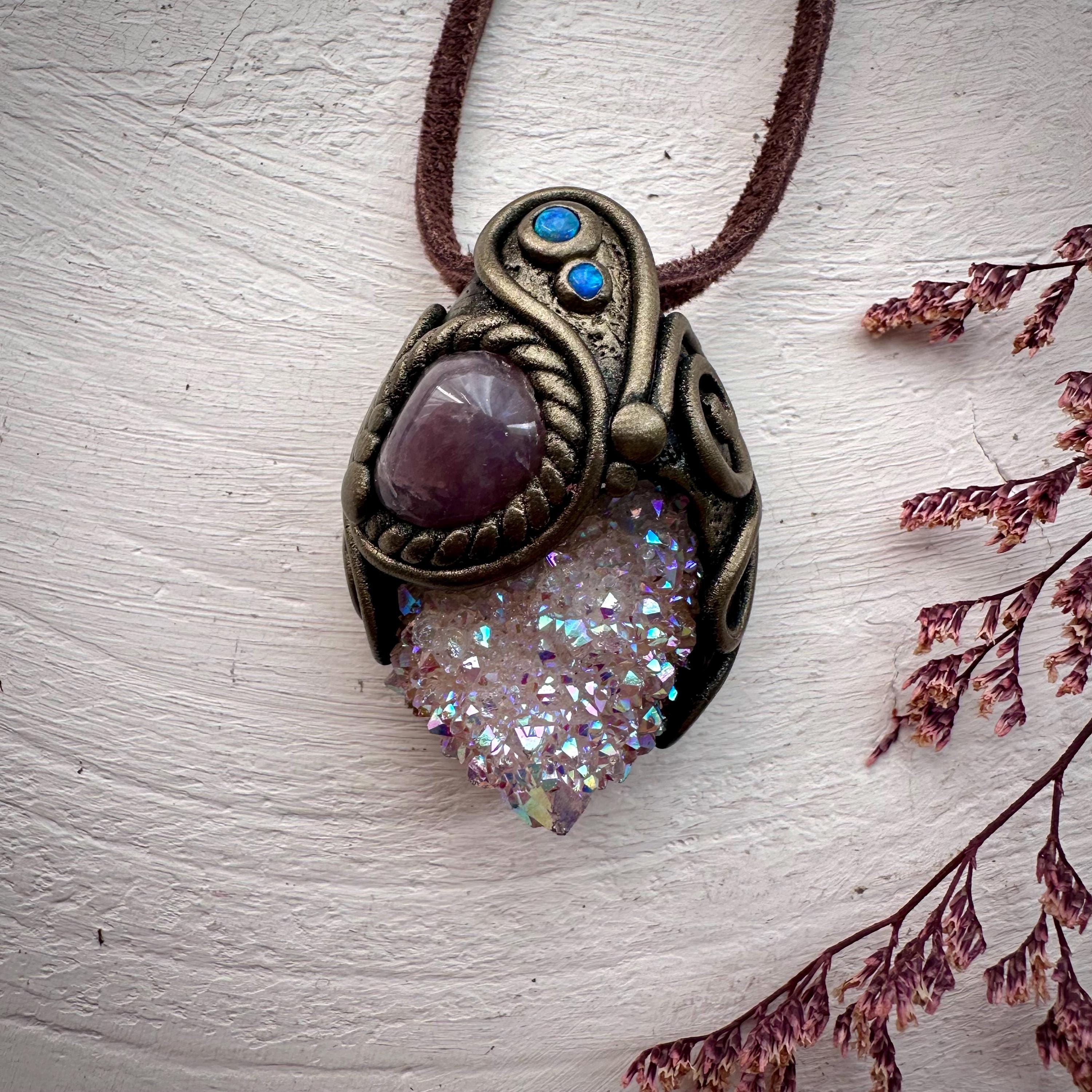 Angel Aura Spirit Quartz Lavender Quartz and Australian Opal Pendant Necklace - FairyGardenGlow