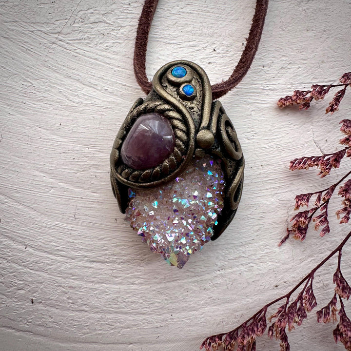 Angel Aura Spirit Quartz Lavender Quartz and Australian Opal Pendant Necklace - FairyGardenGlow