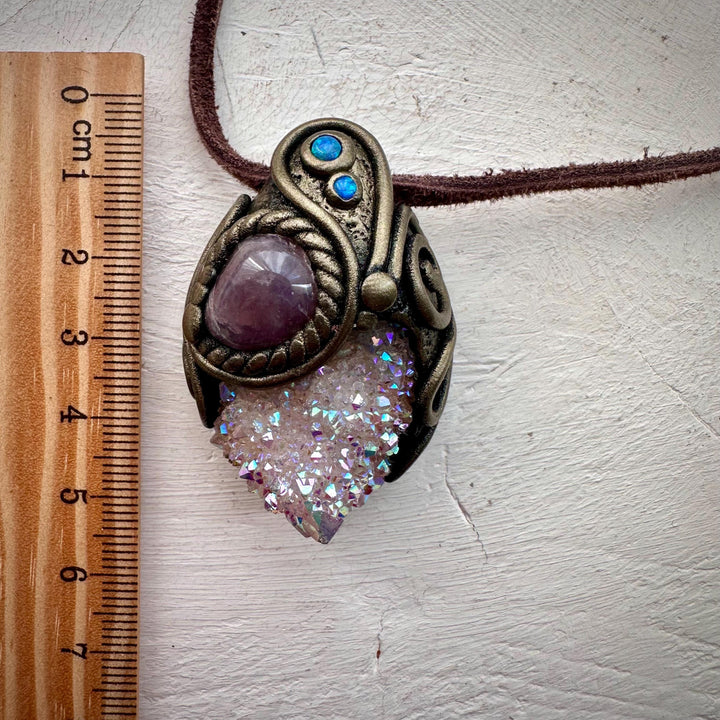 Angel Aura Spirit Quartz Lavender Quartz and Australian Opal Pendant Necklace - FairyGardenGlow