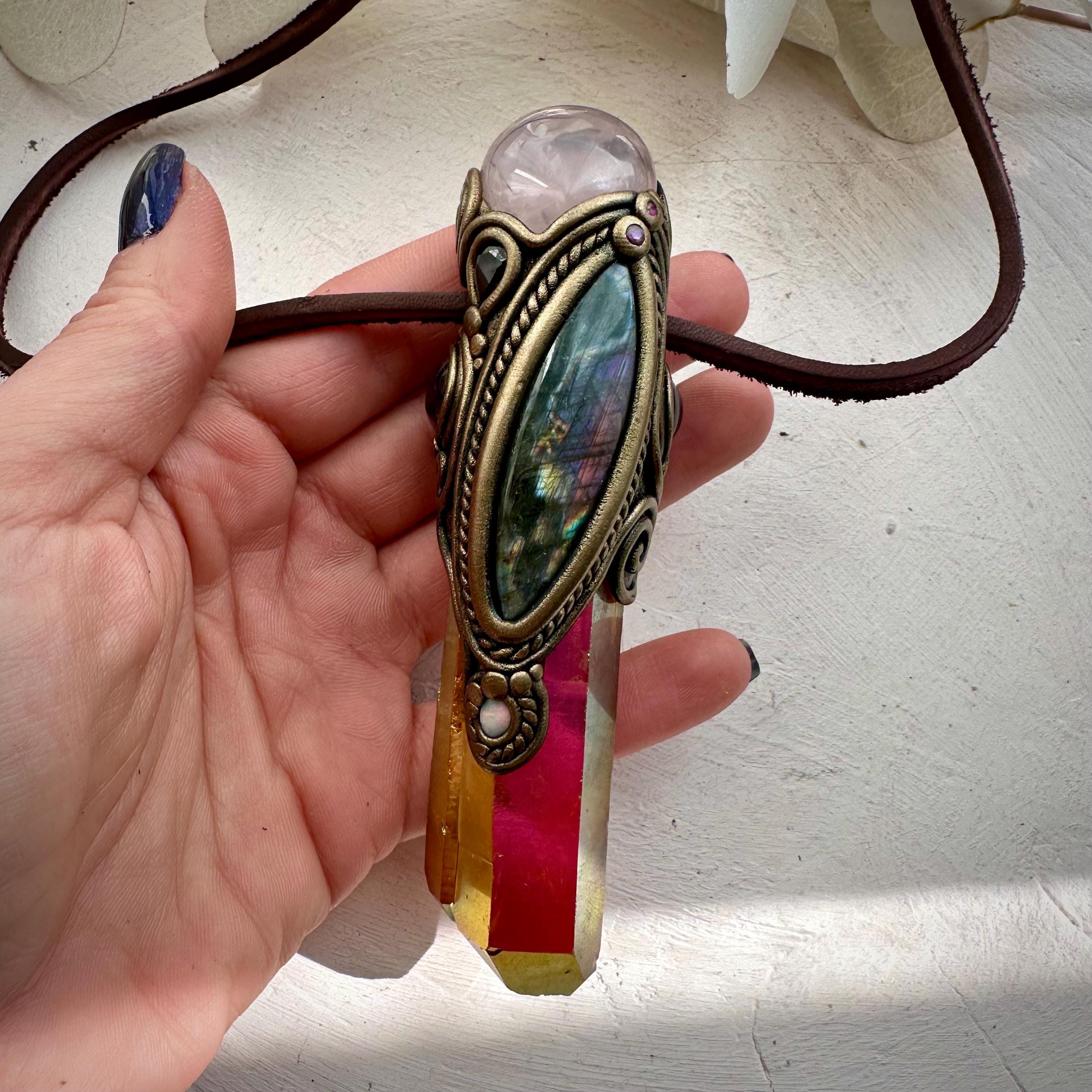 Sunset Aura Quartz with Rose Quartz Labradorite Amethyst Smoky Quartz Australian Opal and Ruby Wand / Necklace - FairyGardenGlow