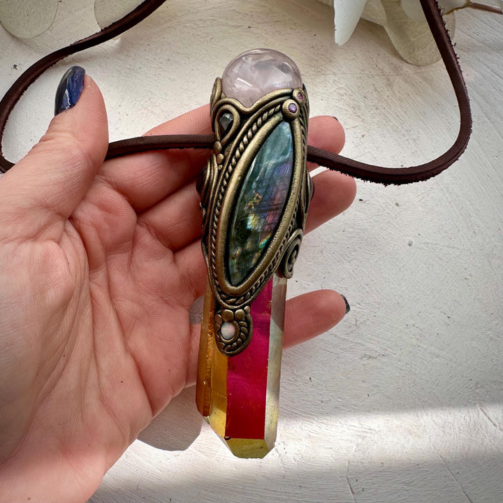 Sunset Aura Quartz with Rose Quartz Labradorite Amethyst Smoky Quartz Australian Opal and Ruby Wand / Necklace - FairyGardenGlow