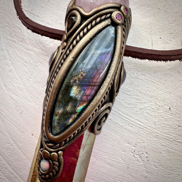 Sunset Aura Quartz with Rose Quartz Labradorite Amethyst Smoky Quartz Australian Opal and Ruby Wand / Necklace - FairyGardenGlow