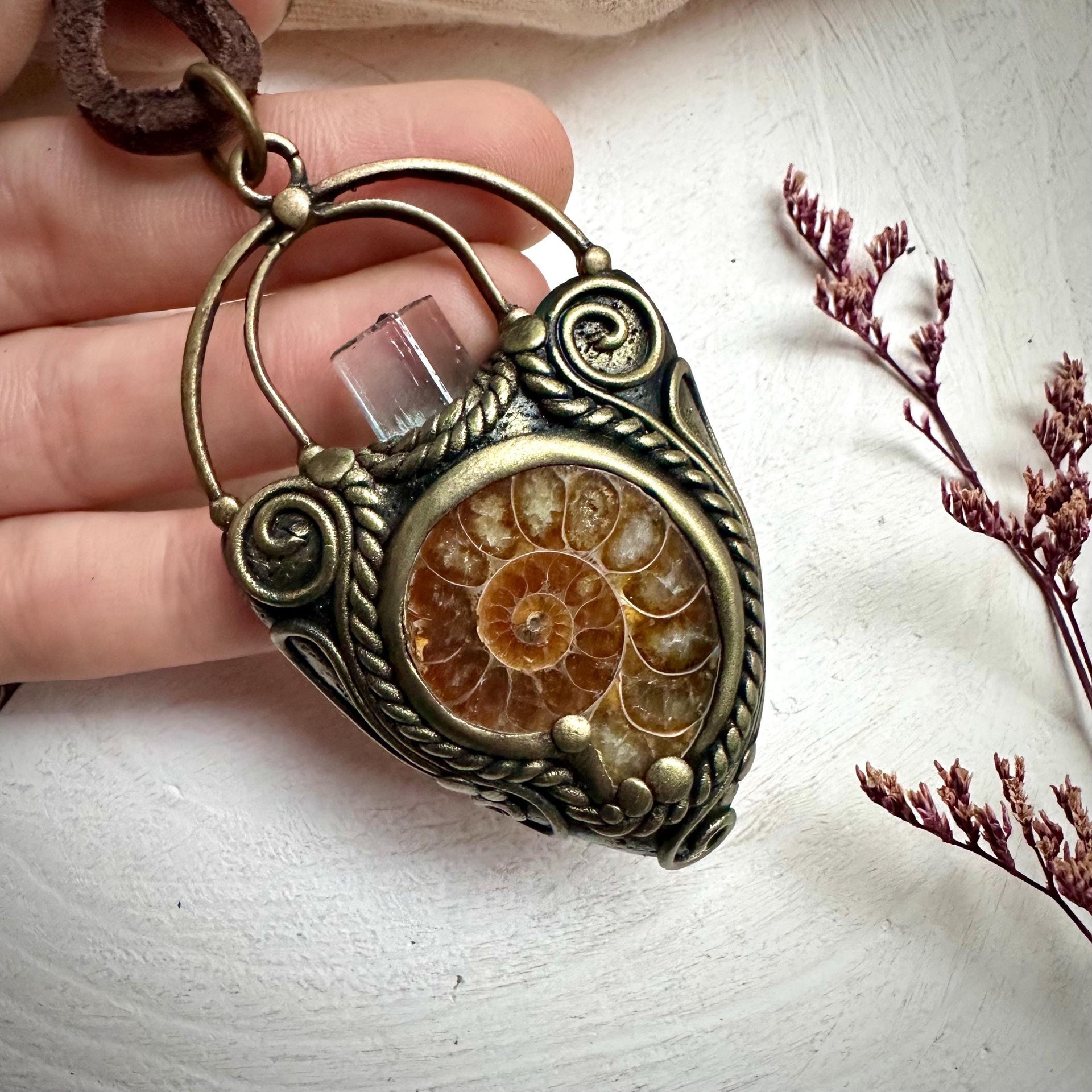 Aquamarine Ammonite Pendant Necklace - FairyGardenGlow