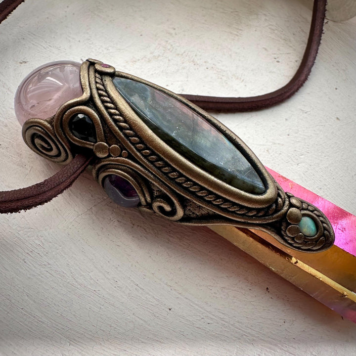 Sunset Aura Quartz with Rose Quartz Labradorite Amethyst Smoky Quartz Australian Opal and Ruby Wand / Necklace - FairyGardenGlow