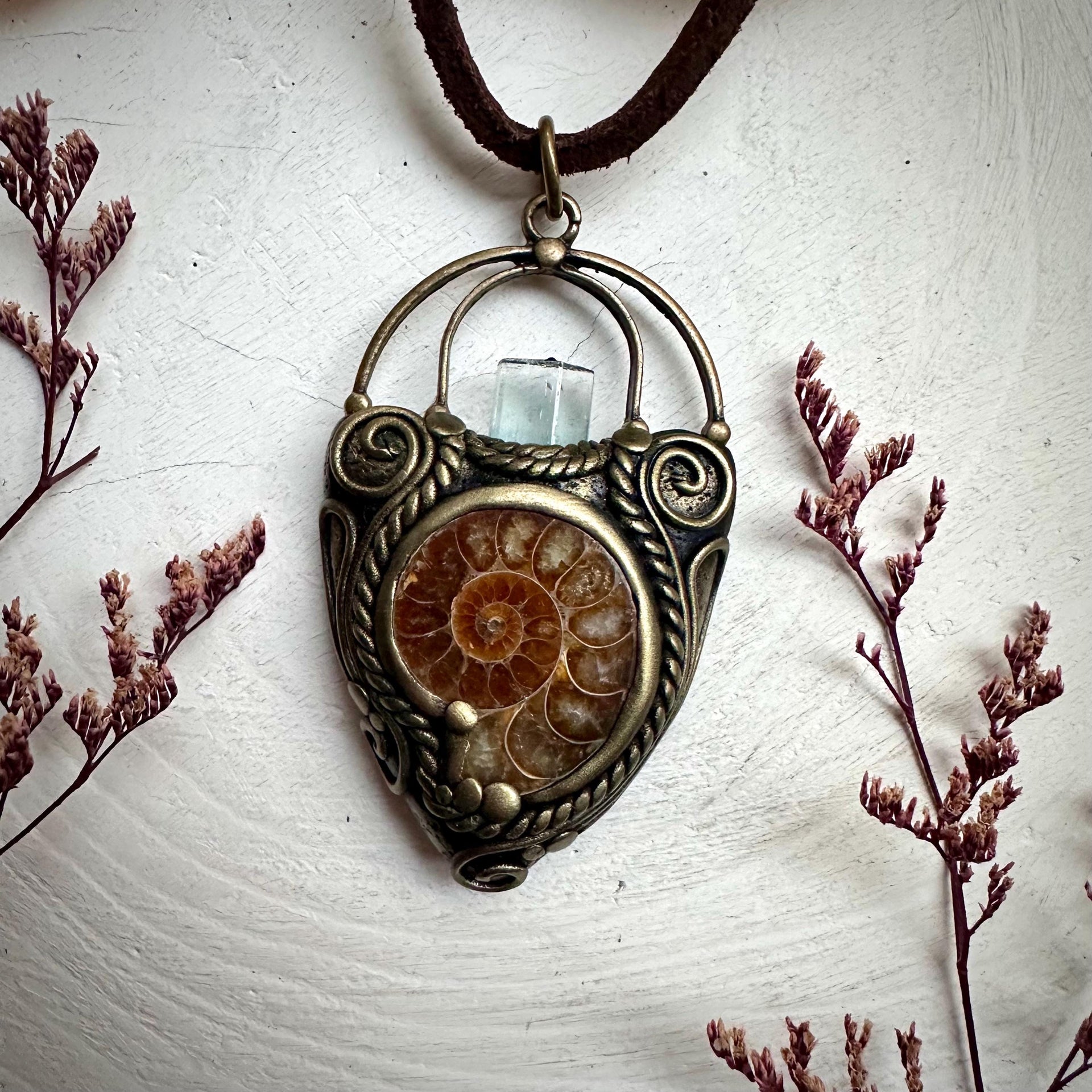 Aquamarine Ammonite Pendant Necklace - FairyGardenGlow