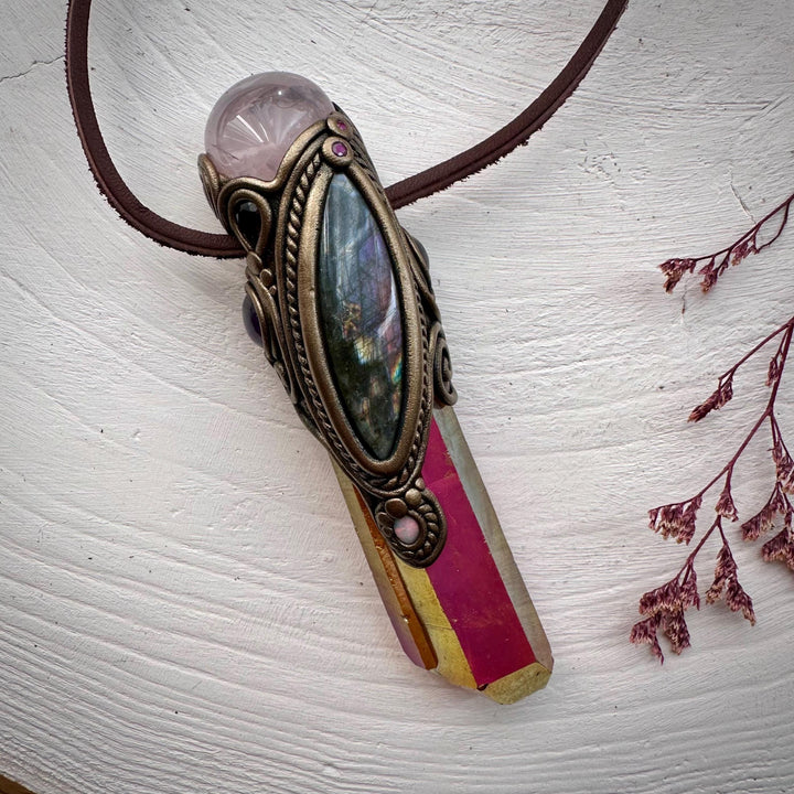 Sunset Aura Quartz with Rose Quartz Labradorite Amethyst Smoky Quartz Australian Opal and Ruby Wand / Necklace - FairyGardenGlow