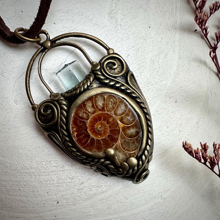 Aquamarine Ammonite Pendant Necklace - FairyGardenGlow