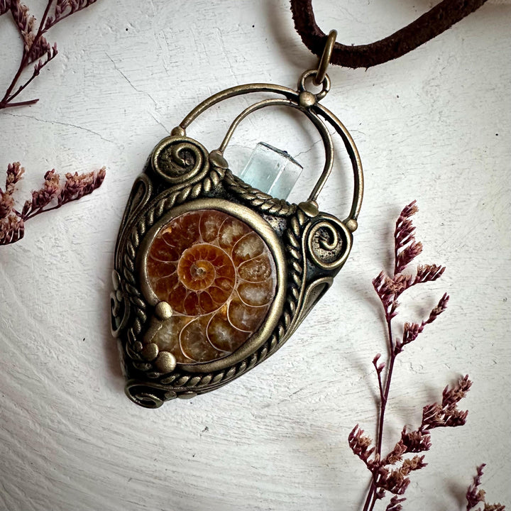 Aquamarine Ammonite Pendant Necklace - FairyGardenGlow