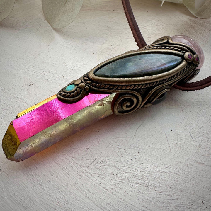 Sunset Aura Quartz with Rose Quartz Labradorite Amethyst Smoky Quartz Australian Opal and Ruby Wand / Necklace - FairyGardenGlow