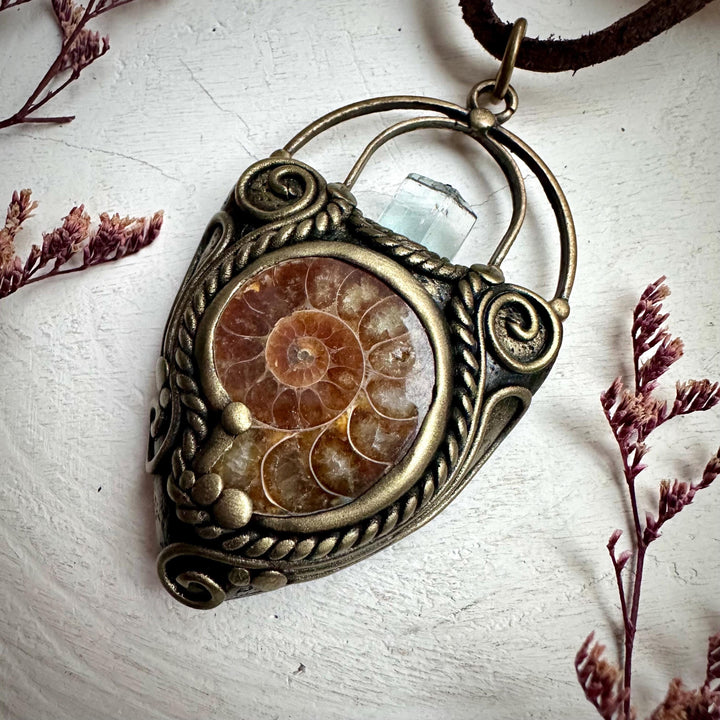 Aquamarine Ammonite Pendant Necklace - FairyGardenGlow