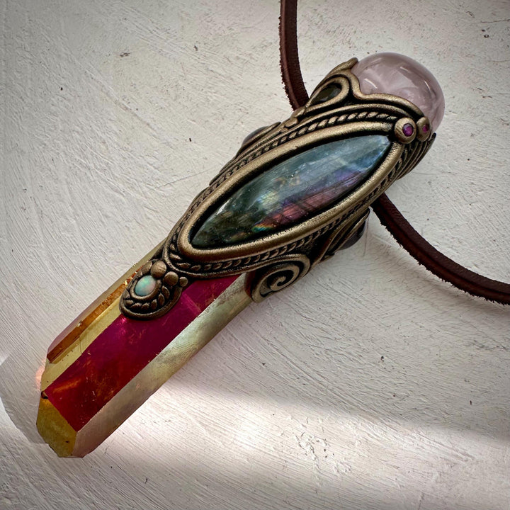 Sunset Aura Quartz with Rose Quartz Labradorite Amethyst Smoky Quartz Australian Opal and Ruby Wand / Necklace - FairyGardenGlow