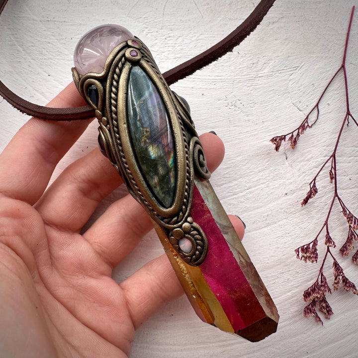 Sunset Aura Quartz with Rose Quartz Labradorite Amethyst Smoky Quartz Australian Opal and Ruby Wand / Necklace - FairyGardenGlow