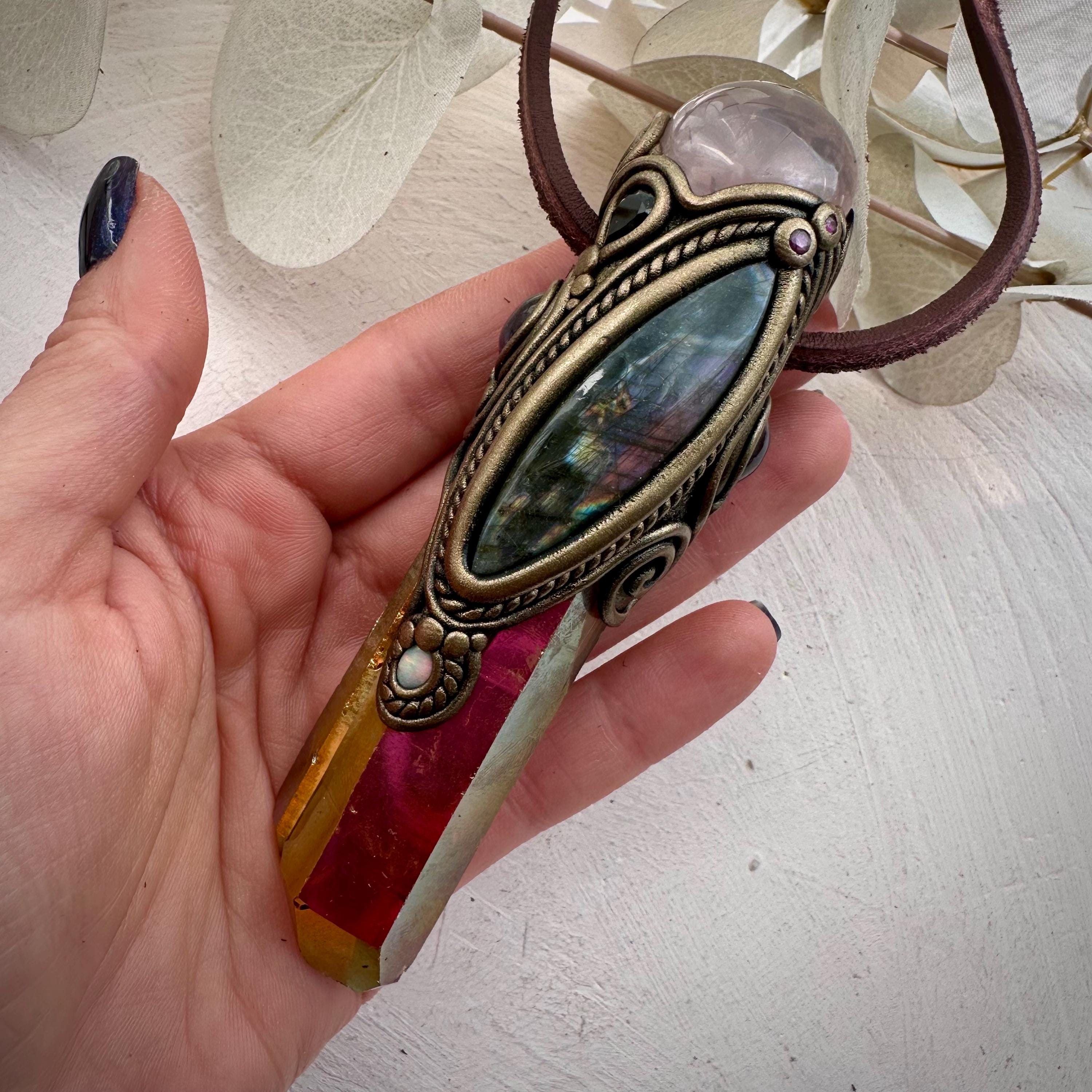 Sunset Aura Quartz with Rose Quartz Labradorite Amethyst Smoky Quartz Australian Opal and Ruby Wand / Necklace - FairyGardenGlow