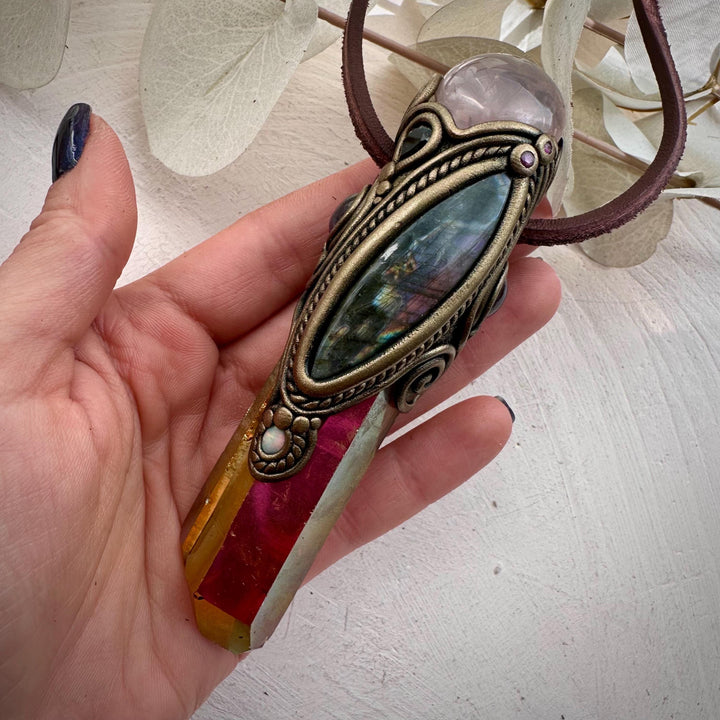 Sunset Aura Quartz with Rose Quartz Labradorite Amethyst Smoky Quartz Australian Opal and Ruby Wand / Necklace - FairyGardenGlow