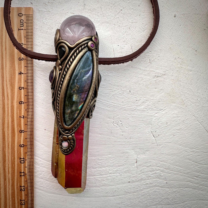 Sunset Aura Quartz with Rose Quartz Labradorite Amethyst Smoky Quartz Australian Opal and Ruby Wand / Necklace - FairyGardenGlow
