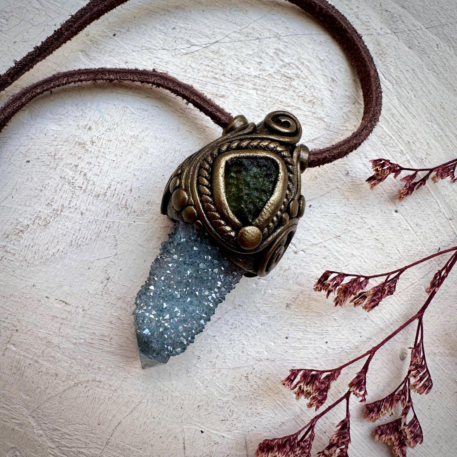 Aqua Aura Spirit Quartz and Moldavite Necklace
