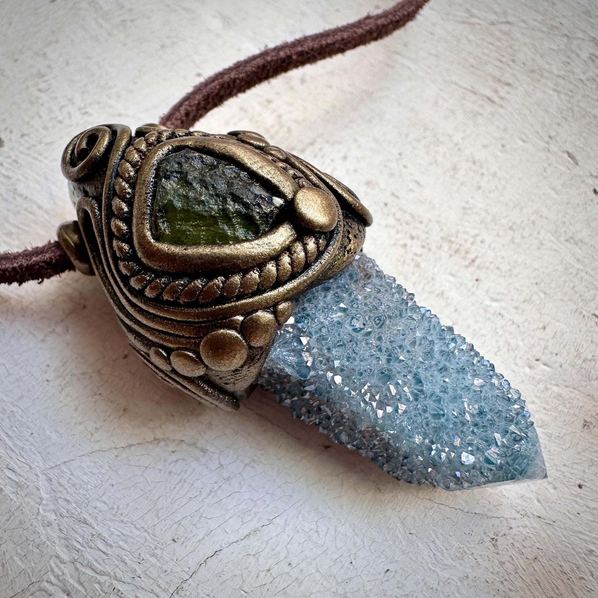 Aqua Aura Spirit Quartz and Moldavite Necklace