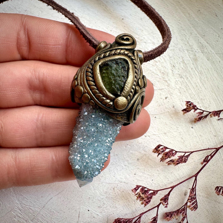 Aqua Aura Spirit Quartz and Moldavite Necklace - FairyGardenGlow