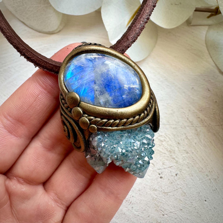 Aqua Aura Spirit Quartz and Rainbow Moonstone Necklace - FairyGardenGlow