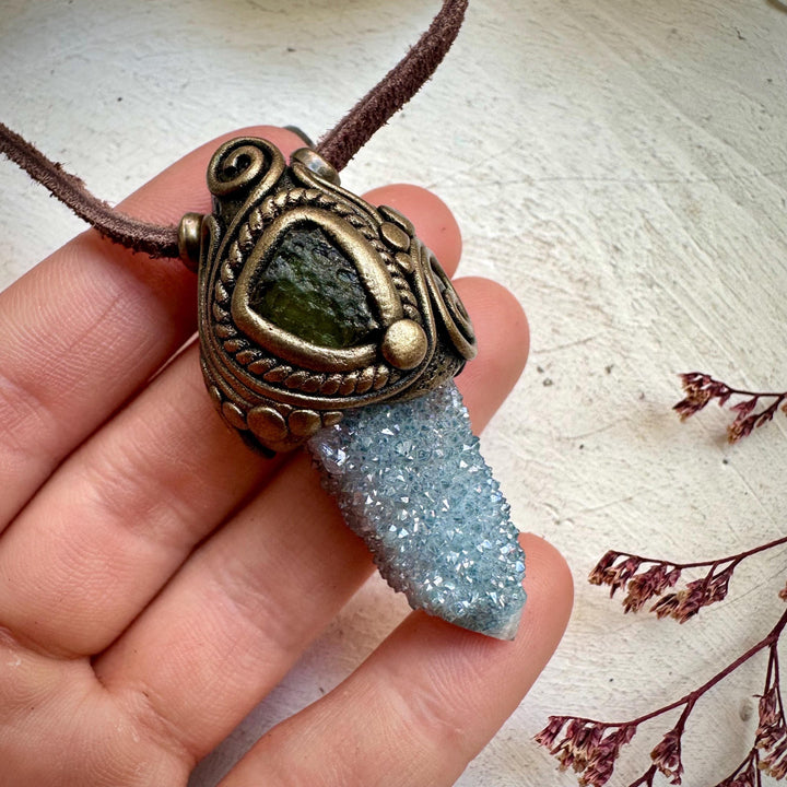 Aqua Aura Spirit Quartz and Moldavite Necklace - FairyGardenGlow