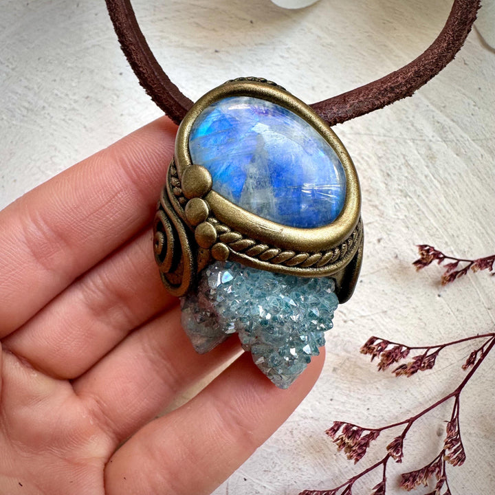 Aqua Aura Spirit Quartz and Rainbow Moonstone Necklace - FairyGardenGlow