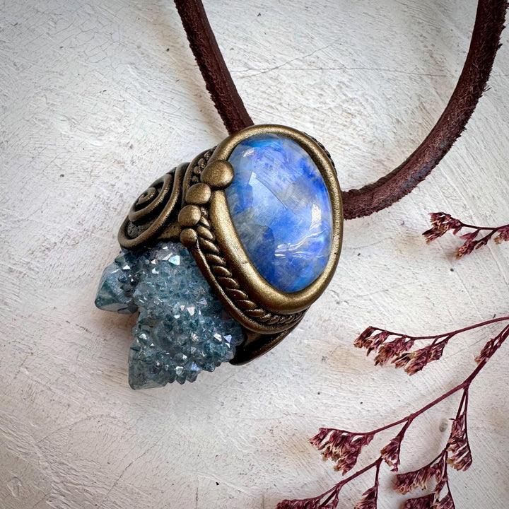 Aqua Aura Spirit Quartz and Rainbow Moonstone Necklace - FairyGardenGlow