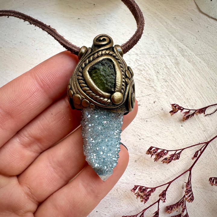 Aqua Aura Spirit Quartz and Moldavite Necklace - FairyGardenGlow