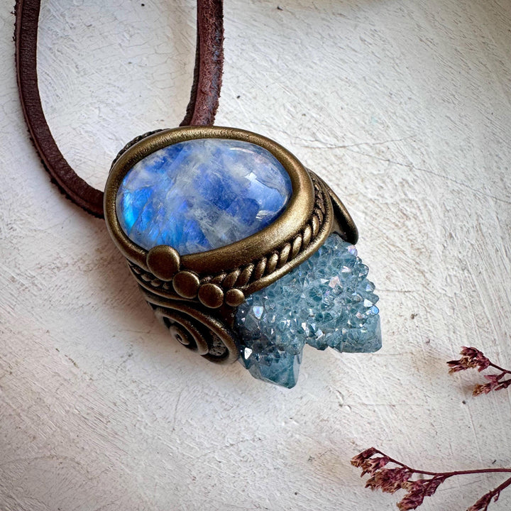 Aqua Aura Spirit Quartz and Rainbow Moonstone Necklace - FairyGardenGlow