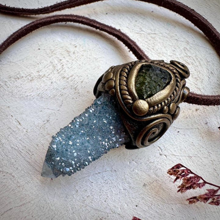 Aqua Aura Spirit Quartz and Moldavite Necklace - FairyGardenGlow