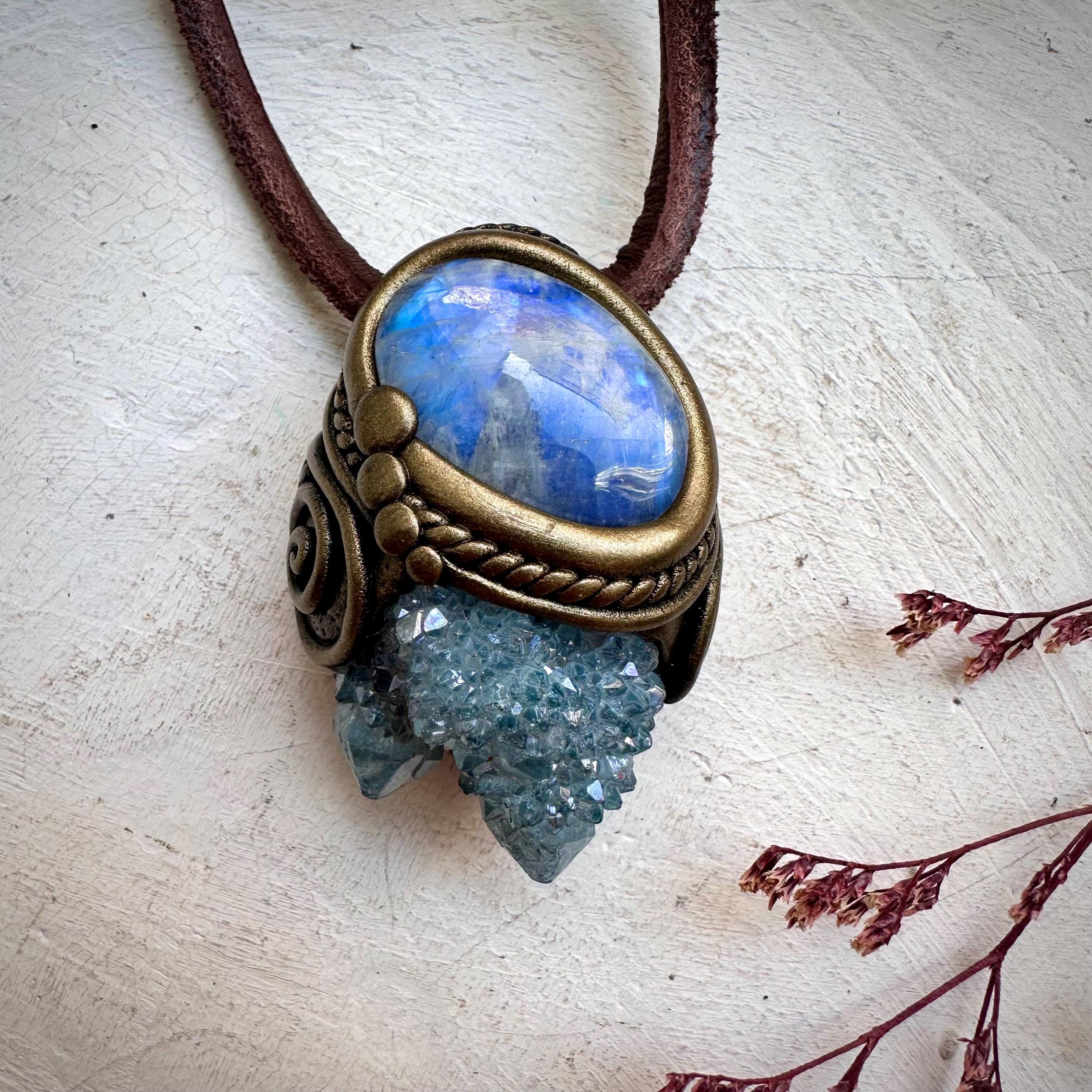 Aqua Aura Spirit Quartz and Rainbow Moonstone Necklace - FairyGardenGlow