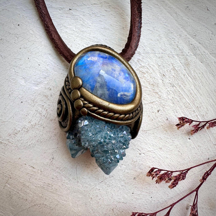 Aqua Aura Spirit Quartz and Rainbow Moonstone Necklace - FairyGardenGlow
